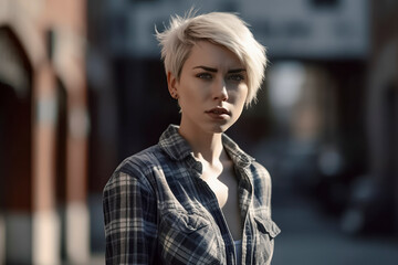 Fototapeta premium A woman with short blonde hair and a plaid shirt is standing in front of a building. She has a serious expression on her face