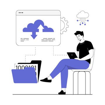 Cloud technology, data storage and backup. Man working with cloud computing and database service. Vector illustration with line people for web design.