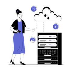 Cloud technology, remote data storage, data center, remote database, data server, cloud computing, Saas. Vector illustration with line people for web design.