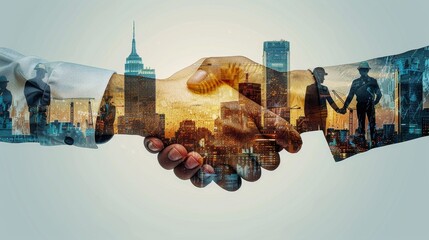 Cross-industry fusion visualized through a striking composite handshake, set against the backdrop of an urban skyline, symbolizing collaborative ventures.
