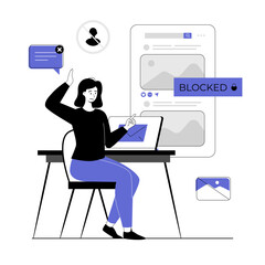 Blocking, banned user account on social media. Error, access is denied. Account safety and secure. Vector illustration with line people for web design.