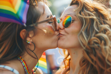 This image captures a tender moment between two women kissing, adorned with rainbow accessories during a pride parade. Celebrating love and diversity. Generated AI