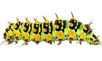 A striking colorful caterpillar showcasing vibrant yellow, green, and black patterns moves along a leaf in a lush garden during the warm afternoon sunlight
