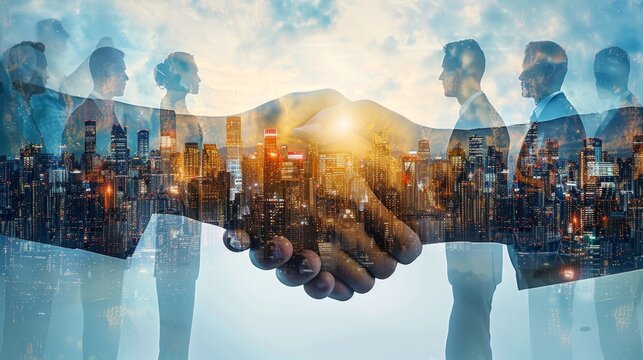 A creative composite handshake between business professionals, accentuated by an urban skyline, representing the fusion of industries driving citywide innovation.
