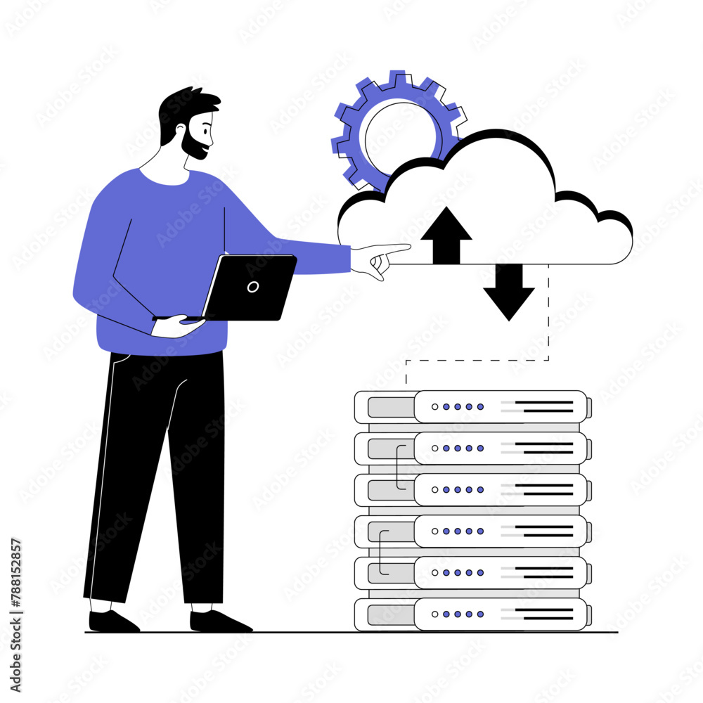 Poster cloud data center. cloud storage technology. man support work of servers and hosting in hardware roo