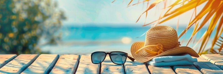 A relaxing summer scene showing a straw hat, sunglasses, and towel on a wooden deck with a backdrop of the ocean and sky. Ideal for advertising leisure and travel businesses. Generated AI - obrazy, fototapety, plakaty