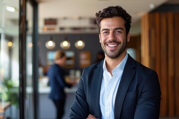 A professional portrait of a confident young man dressed in a business suit, smiling at the camera in a well-lit, modern office setting. Generative AI