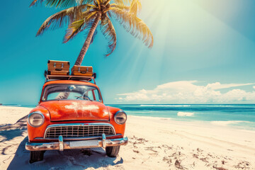 A vintage red car with roof luggage sits under a palm tree on an idyllic sandy beach, symbolizing adventure, leisure and travel. Generated AI