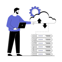 Cloud data center. Cloud storage technology. Man support work of servers and hosting in hardware room. Vector illustration with line people for web design.