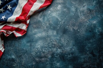 A vivid American flag gracefully spread across a textured rustic blue surface that adds depth and emotion to this patriotic display. Ideal for national celebrations. Generated AI - obrazy, fototapety, plakaty