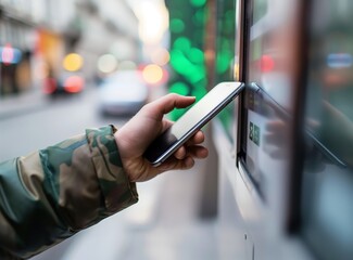 Close up of a young man's hands using a mobile phone to make a payment at an ATM machine in the city, in a closeup shot. Concept for digital travel and financial services.