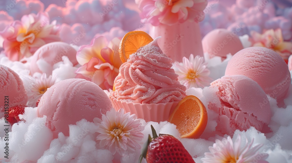 Poster a real fantasy world made of candy and ice cream with summer vibes and fresh, succulent fruits. gene
