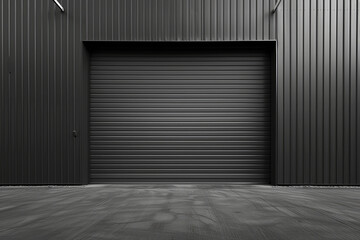 Closed dark roller shutter garage door front view
