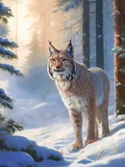 Lynx In The Forest With Mist In The Background Oil Paint Style Colours 300PPI High Resolution art...
