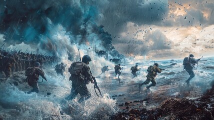 Dramatic illustration of soldiers storming the beach during. D-Day Anniversary