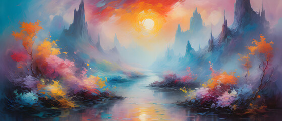 Obraz na płótnie Canvas Abstract Colorful Mountain Landscape with River. Ethereal painting abstract background style