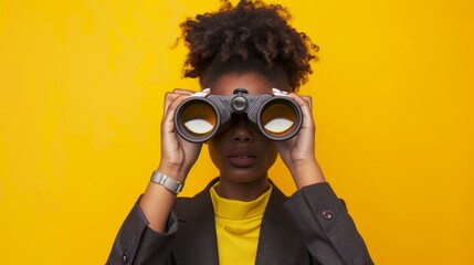 Woman with Binoculars on Yellow - obrazy, fototapety, plakaty