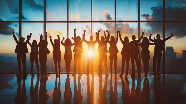 Bathed in the glow of sunrise, silhouettes celebrate with raised arms, a testament to triumph and collaboration in the corporate domain.

