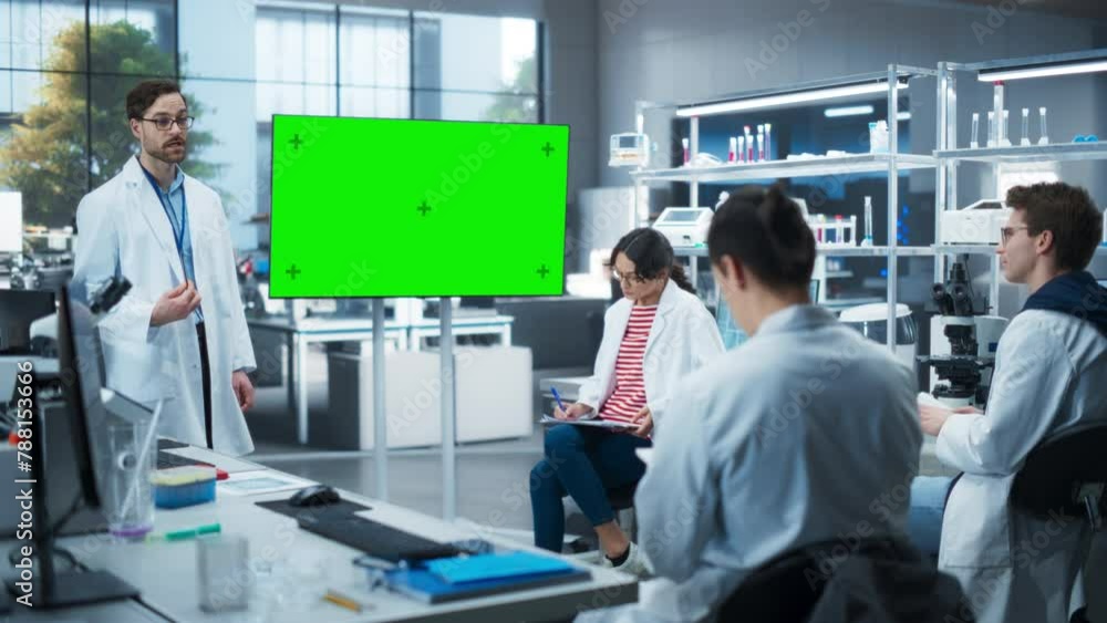 Poster group of students listening to their biology professor who uses tv monitor with green screen templat