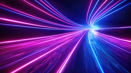 Vibrant neon light trails in motion on a futuristic tunnel background.