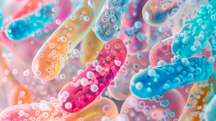 Probiotic gut bacteria, microscopic view. Concept of a healthy digestive microbiome.  - obrazy, fototapety, plakaty