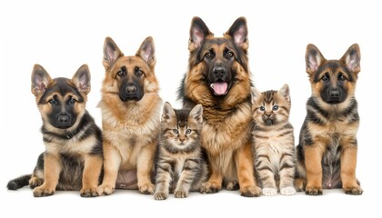 Diverse cats and dogs together in studio setting on white background with space for text