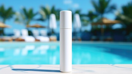 Sunscreen Bottle by a Refreshing Poolside on a Sunny Day