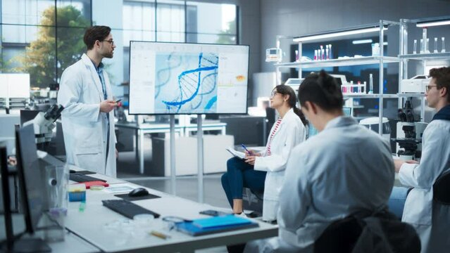 Head of Laboratory Making a Bioengineering Lecture for a Group of Young Science College Students. Promising Female Student Asking Teacher a Question About a DNA Gene Editing Process