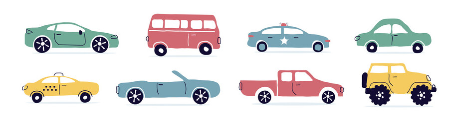 a car, a set of flat icons in a cartoon style. types of city cars highlighted on a white background. Taxi, police, for printing, postcards, banners, childrens clothing. art   png illustration.