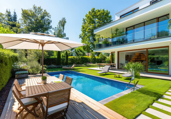 Modern garden with a swimming pool, wooden table and chairs under an umbrella on a sunny summer day next to a modern house with glass windows.