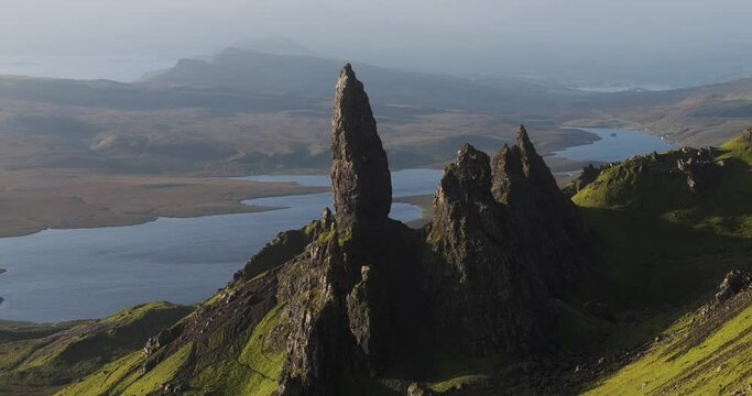 Aerial view of Old Man of Storr with stunning rock formations and scenic landscape, Isle of Skye, United Kingdom.