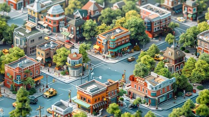 An high angle view of an isometric map illustration of a city shopping district full of small stores. Generative AI. - obrazy, fototapety, plakaty