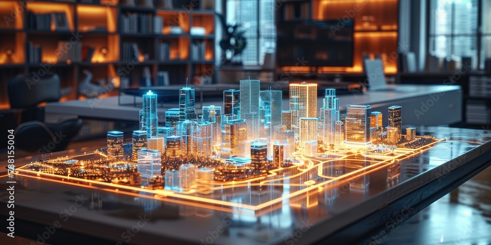 Aufkleber a holographic map of a city floating over a table in an office, digital art. generative ai.