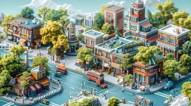 An high angle view of an isometric map illustration of a city shopping district full of small stores. Generative AI.