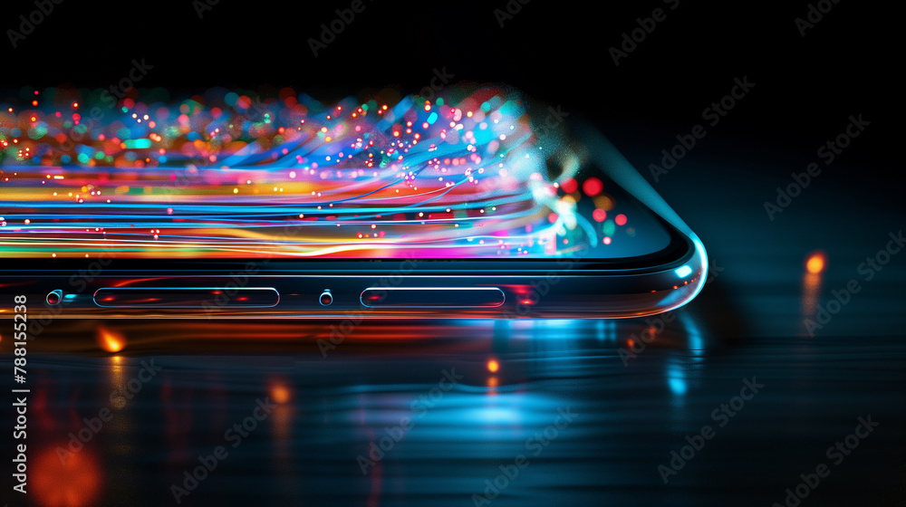 Poster a phone is on a screen with a colorful background. the background is made up of many small dots, cre