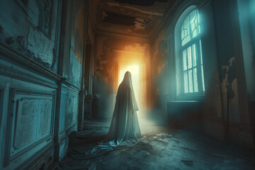 translucent woman ghost in a white vintage robe in an ancient estate, an abandoned place. mystical, mysterious atmosphere. haunted house style. Scary, frightening, creepy, horror for Halloween