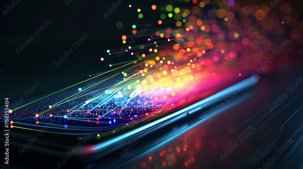 Poster a phone is on a screen with a colorful background. the background is made up of many small dots, cre