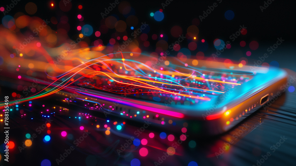 Poster a phone is on a screen with a colorful background. the background is made up of many small dots, cre