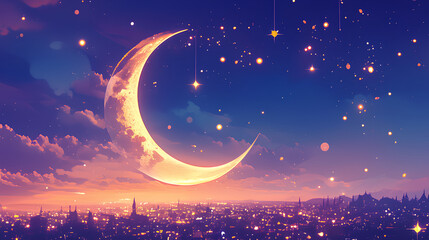 Crescent moon. illustration of a bright moon highlighting the night starry sky