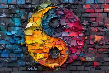 Yin yang symbol created from colorful automotive scraps on graffiti wall. Concept of balance,...