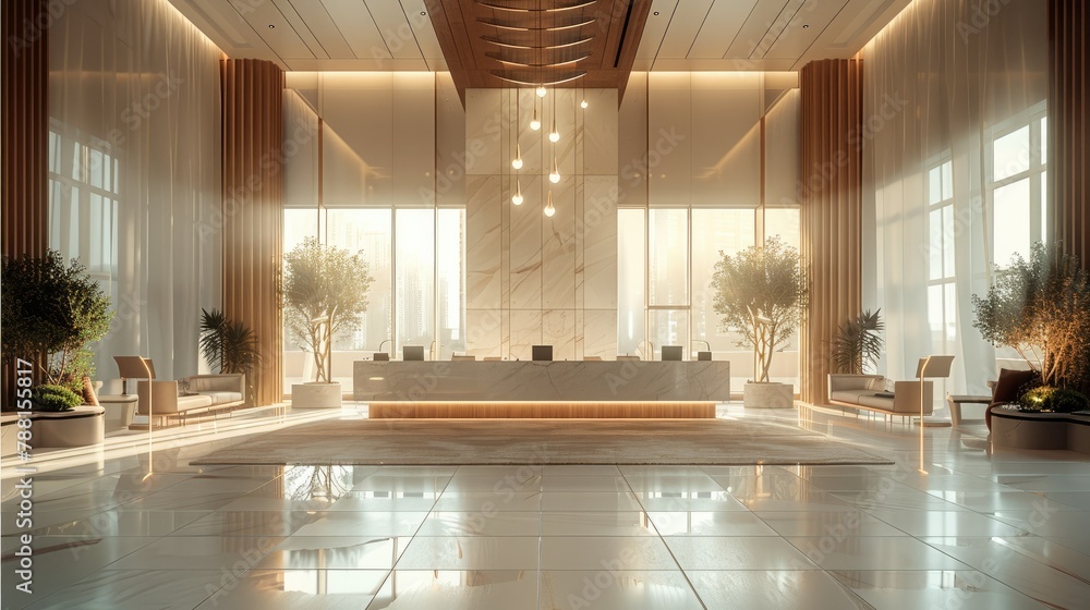 Leinwandbilder modern hotel lobby, front desk centered in the middle of the room with large windows behind it and a