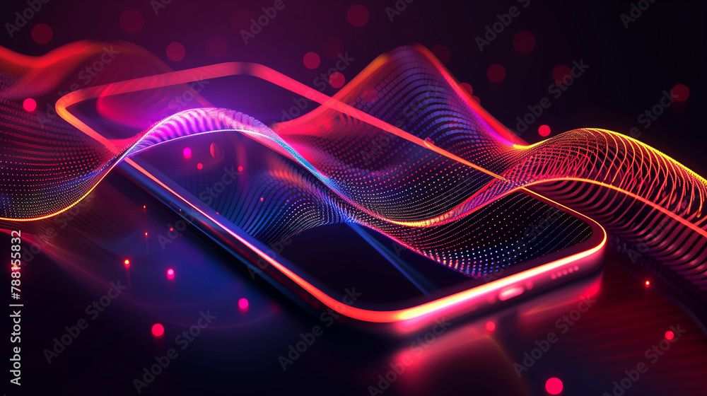Poster a phone is on a screen with a colorful background. the background is made up of many small dots, cre