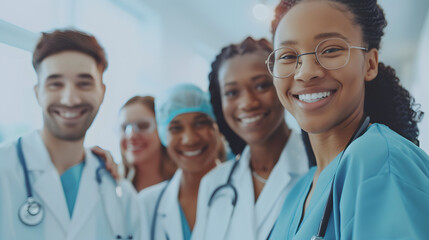realistic photo of vibrant hospital medical team banner, medical student team