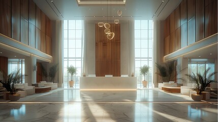 Modern hotel lobby, front desk centered in the middle of the room with large windows behind it and a hanging light feature above. Generative AI. - Powered by Adobe