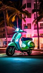 Vintage scooter at night in Miami, Florida, USA