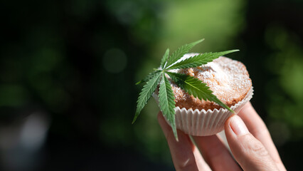 Cupcake with cannabis leaf in man hand. Dessert cake with marijuana close up. Cooking baking cakes with medical weed. Food photography