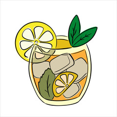 Cold tea with lemon and mint, ice summer drink flat design vector