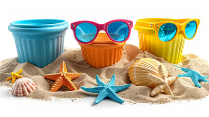 Three cups with sunglasses on top of them and a star on the sand. The cups are in different colors and the sunglasses are blue. Sand, toys and sunglasses isolated on white background