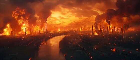 Fiery Twilight Over Industrial Catastrophe. Concept Apocalyptic Scenes, Climate Change Effects, Environmental Destruction, Industrial Catastrophes - obrazy, fototapety, plakaty