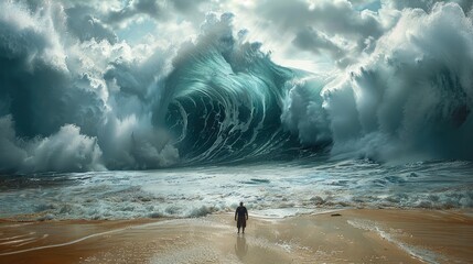A man stands on the beach with a massive wave in the background. Generative AI.
